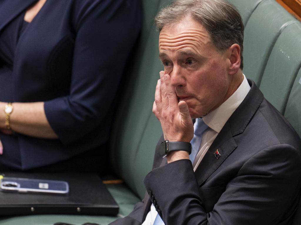 Greg Hunt appears to wipe a tear from his eye on the last sitting day of parliament. Picture : NCA NewsWire / Martin Ollman