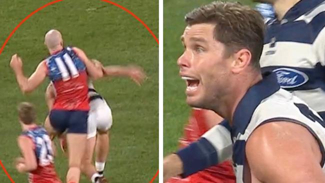 Tom Hawkins was penalised in the second quarter.