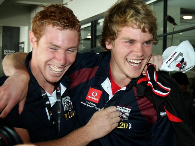 Tom Lynch with under-18 teammate Jack Watts after being drafted by St Kilda with pick 13.