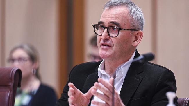 Woolworths CEO, Brad Banducci appears before the Senate Select Committee on Supermarket Prices at Parliament House in Canberra. Picture: NCA NewsWire / Martin Ollman.