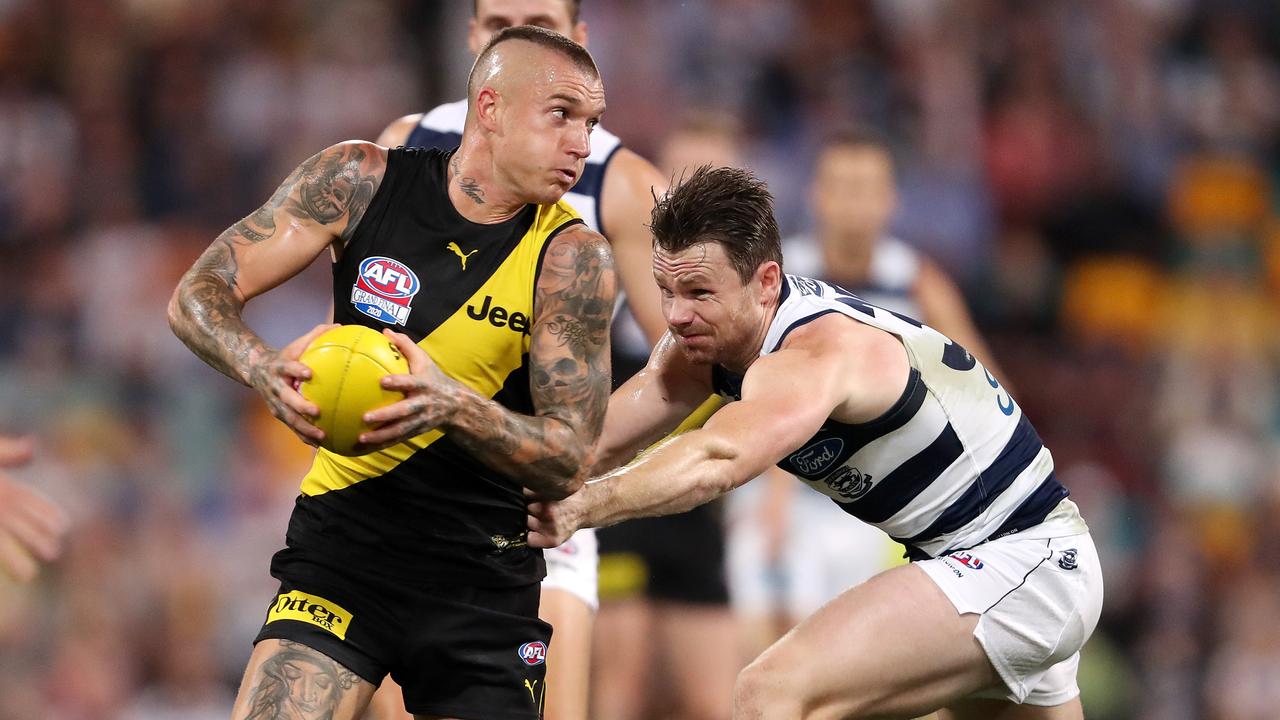 Richmond’s Dustin Martin and Geelong’s Patrick Dangerfield. Picture: Sarah Reed