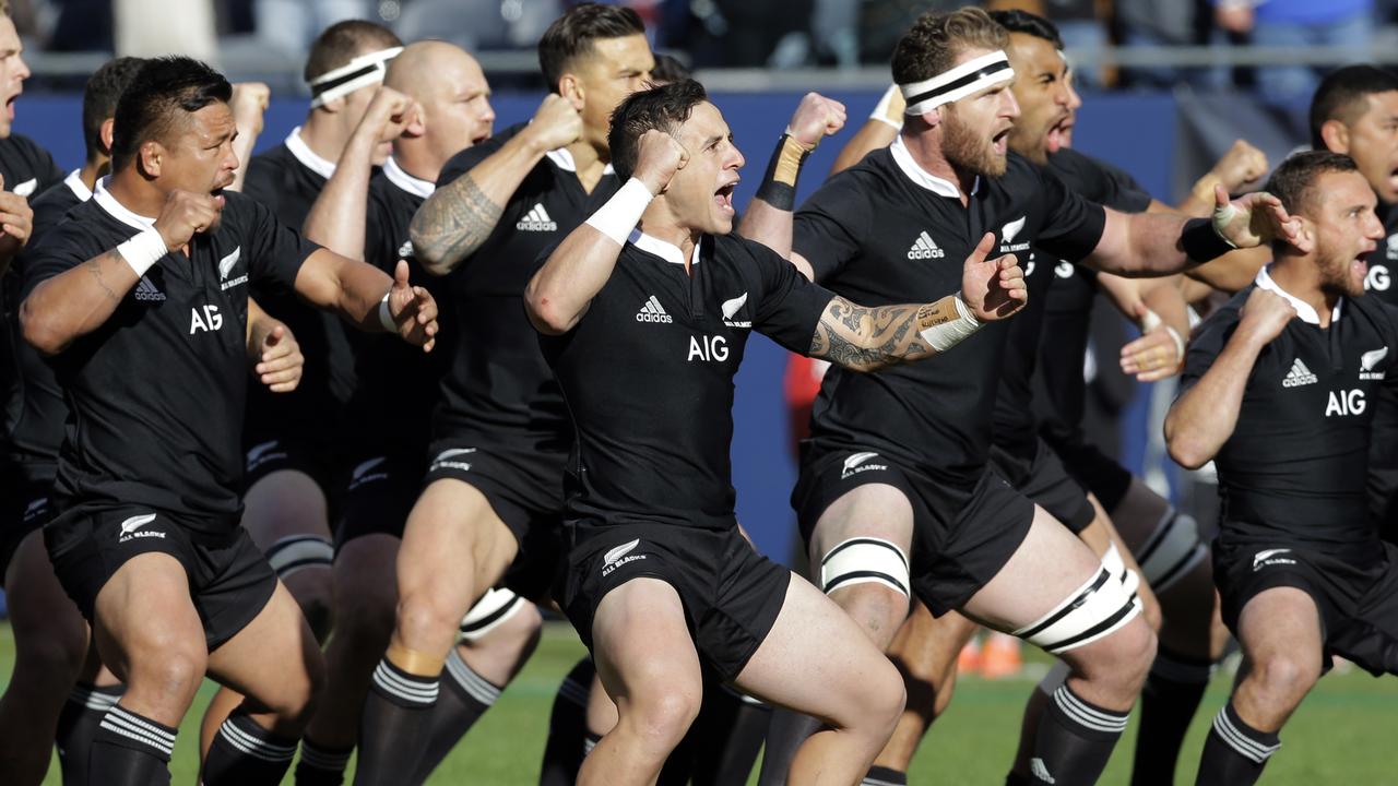 New Zealand All Blacks players perform the traditional haka dance before play against the USA Eagles during the International Test Rugby Match in Chicago, Saturday, Nov. 1, 2014. (AP Photo/Nam Y. Huh)