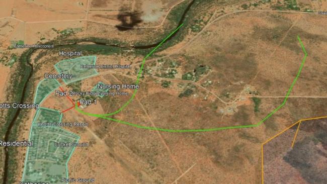 A flight route (in green) of the proposed helipad location in Katherine. Picture: Upside Planning