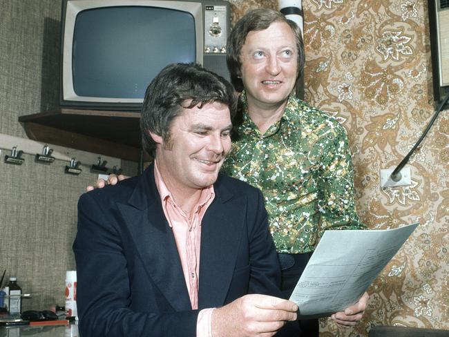 Undated. Comedy writer Mike McColl Jones goes over a script with Graham Kennedy, in his backstage dressing room. (Picture: Channel 9) Published: DHS 31/05/2005 Pg 25.