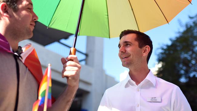 Trevor Evans (right) at an International Day Against Homophobia and Transphobia rally. Picture: AAP/Dan Peled