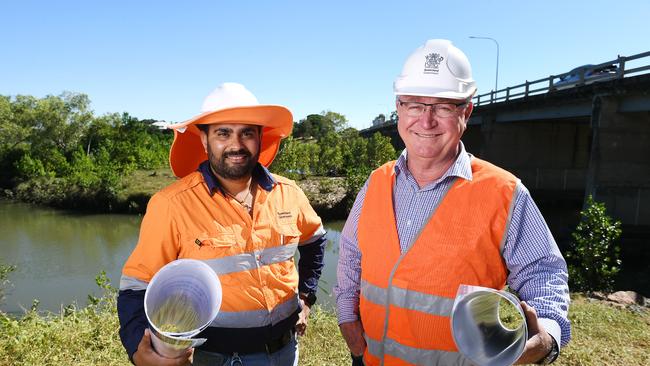 Principal engineer Chris Cherukuri and State Member for Mundingburra, Les Walker, pictured at Bowen Road bridge duplication project. Picture: Shae Beplate.