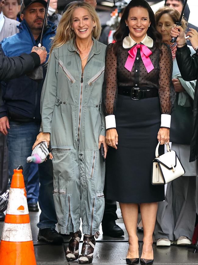 Sarah Jessica Parker and Kristin Davis on the set of And Just Like That. Picture: Jose Perez