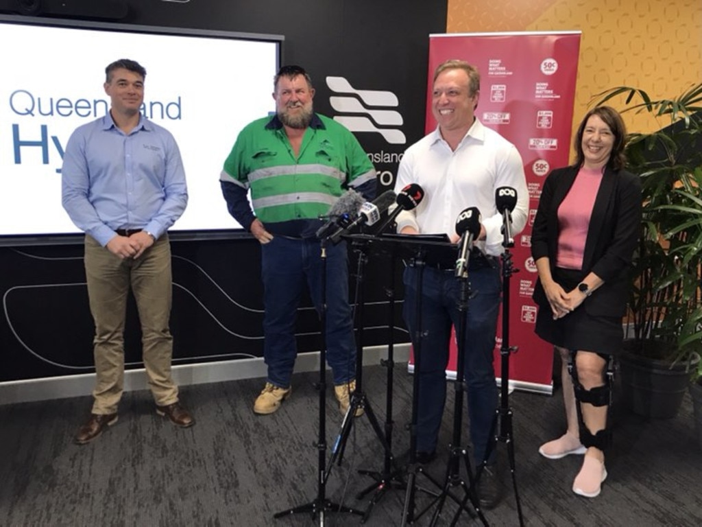 Queensland Hydro executive manager Chris Evans, Twin Hills Engineering and Drilling owner Stephen Burt, premier Steven Miles, and Labour candidate for Mackay Belinda Hassan on August 9, 2024 in Mackay. Photo: Zoe Devenport