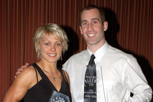 Basketballer Erin Phillips with Brett Maher holding their MVP awards at Stamford Grand, Glenelg, in 2006.