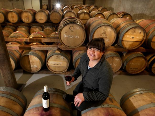 Winemaker, Sarah Crowe in the cellar at Yarra Yering winery in Victoria's Yarra Valley. Picture: David Geraghty