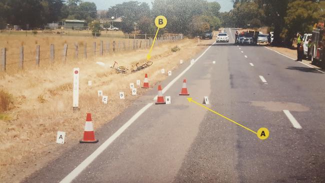 Court photo showing the crime scene, where Kathleen Heraghty was knocked from her bike. Pic: SA Police