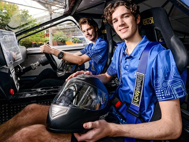 From left to right of photo:, , Nishant Bazzad, Jamie Jackson, Ethan Taylor, Zachary Mabus, Andrew Marshall, Bryn Jarvis with the new Flinders solar car, design is inspired by Elon Musk's cybertruck, so a generation of engineers in Adelaide is following in the footsteps of the electric car maestro. Mercedes will also be using the engine in the car for their new consumer electric model. Supplied. Credit: Brenton Edwards.