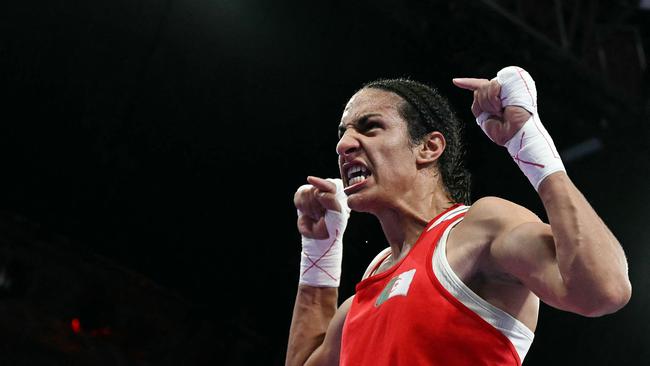 Algeria's Imane Khelif celebrates her victory over Hungary's Anna Luca Hamori in the women's 66kg quarterfinal. Picture: Mohd Rasfan / AFP