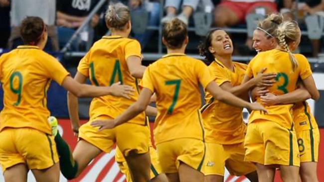 The Matildas celebrate winning the last Tournament of Nations in the US.