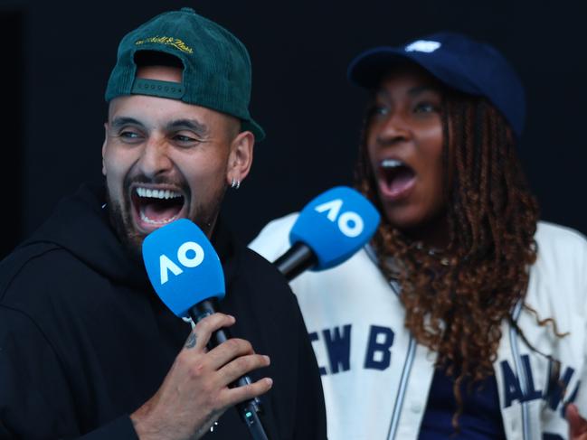 MELBOURNE, AUSTRALIA - JANUARY 12: Nick Kyrgios of Australia (L) interviews Coco Gauff of the United States ahead of the 2024 Australian Open at Melbourne Park on January 12, 2024 in Melbourne, Australia. (Photo by Graham Denholm/Getty Images)