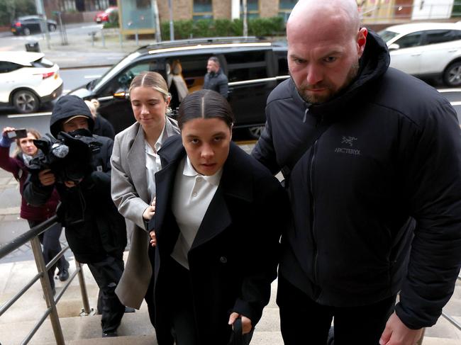 KINGSTON UPON THAMES, ENGLAND - FEBRUARY 3: Australian footballer Sam Kerr and partner Kristie Mewis arrive at Kingston Crown Court on February 3, 2025 in Kingston upon Thames, England. The Matildas star, who also plays professionally for Chelsea in the Women's Super League, is facing charges of "racially aggravated harassment" of a police officer related to an incident in Twickenham on January 30, 2023. (Photo by Peter Nicholls/Getty Images) *** BESTPIX ***