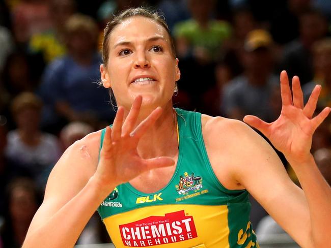 Diamonds Caitlin Bassett takes a pass during game 1 of the  Constellation Cup between Australia and New Zealand at Qudos Bank Arena, Sydney Olympic Park.