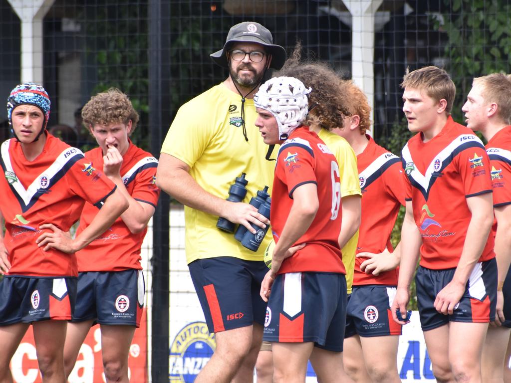 Emmaus College players during the Rockhampton Schools Rugby League Year 10 grand final against St Brendan’s College last year.