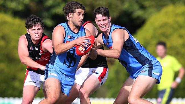 SANFL game between Sturt and West Adelaide at Unley Oval. SturtÃs James Battersby takes the ball out of the centre.17 April 2021. Picture Dean Martin