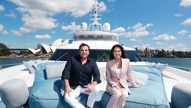 Rich lister Ian Malouf and his daughter Ellie aboard their superyacht Mischief. Picture: John Feder