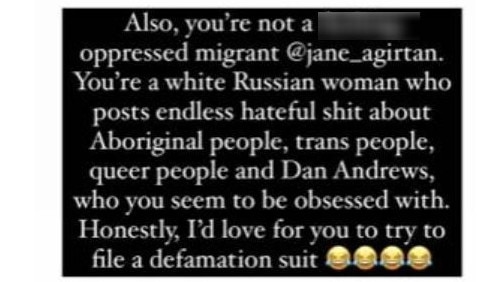 Aspiring politician Jane Agirtan is alleging Clementine Ford taunted her on social media over a threat to sue. Picture: supplied