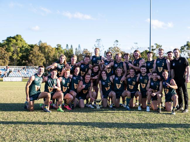 Tasmania celebrate its victory over Queensland in the 2024 Representative clash at Bond University. Picture: Aaron Black.