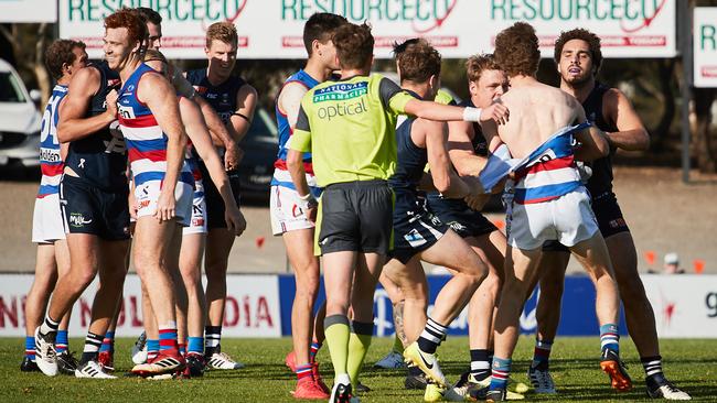 The action got a little heated when Central District and South Adelaide met in round 6. Picture: Matt Loxton/AAP