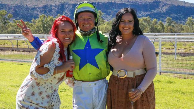 Alice Bird, jockey Wayne Davis and Lauren Yan at the Alice Springs Cup at Pioneer Park. Picture: Nikki Westover