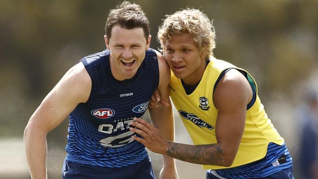 Patrick Dangerfield and Quinton Narkle at Geelong training. Picture: Dylan Burns/AFL Photos