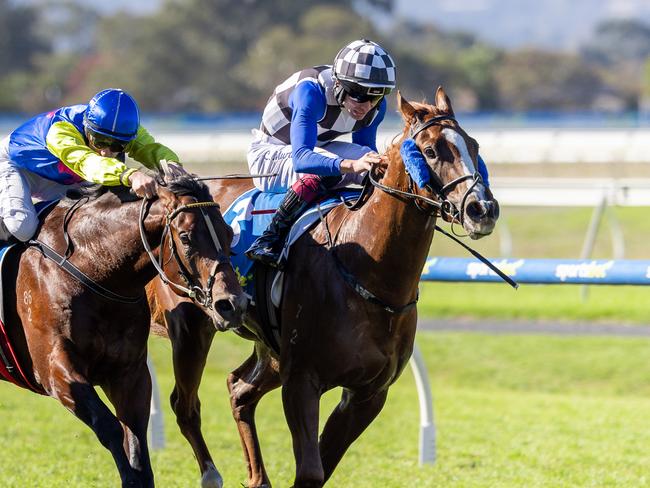 Golden Horizon, ridden by Connor Murtagh, wins at Morphettville on Saturday. Picture: Makoto Kaneko