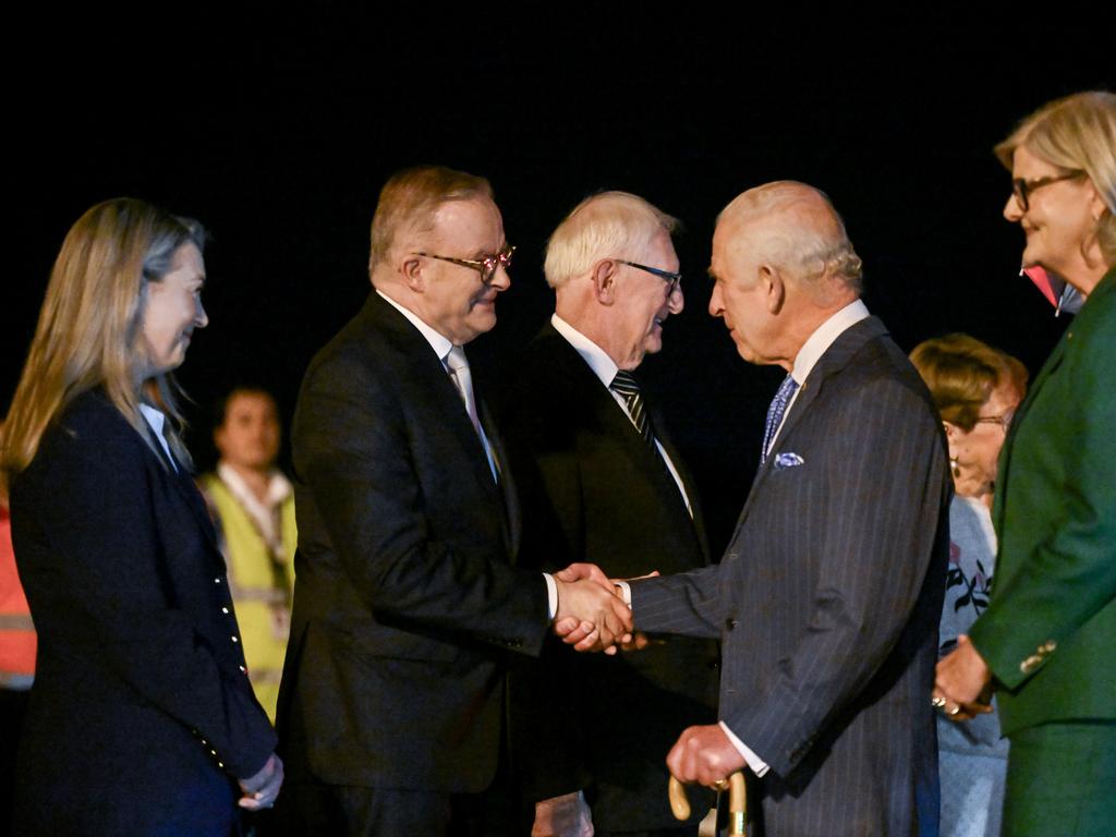 King Charles III is greeted by Prime Minister Anthony Albanese and his partner Jodie Haydon as he arrives at Sydney Airport. Picture: Getty Images