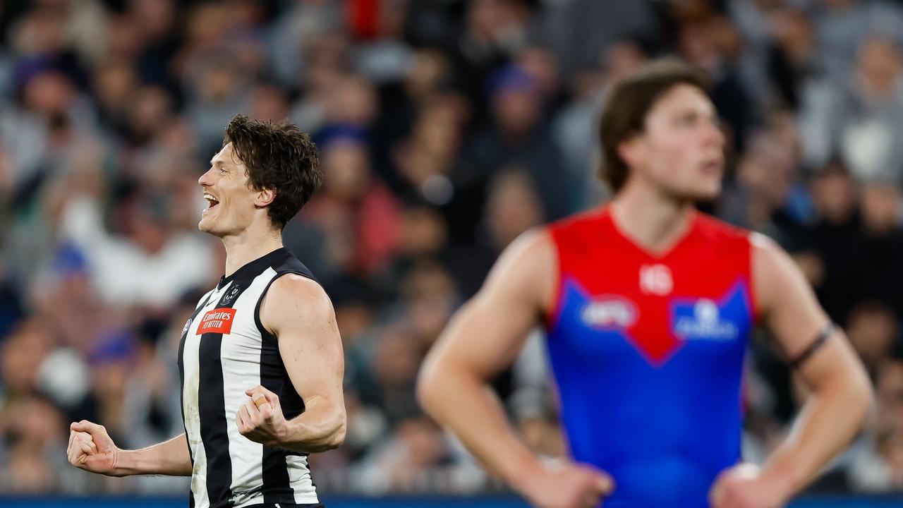 Brody Mihocek enjoys a goal during Collingwood’s qualifying final win. Picture: Dylan Burns/AFL Photos via Getty Images