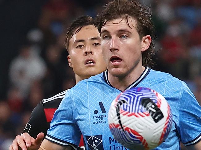 SYDNEY, AUSTRALIA - APRIL 13: Max Burgess of Sydney FC gains possession during the A-League Men round 24 match between Sydney FC and Western Sydney Wanderers at Allianz Stadium, on April 13, 2024, in Sydney, Australia. (Photo by Jeremy Ng/Getty Images)