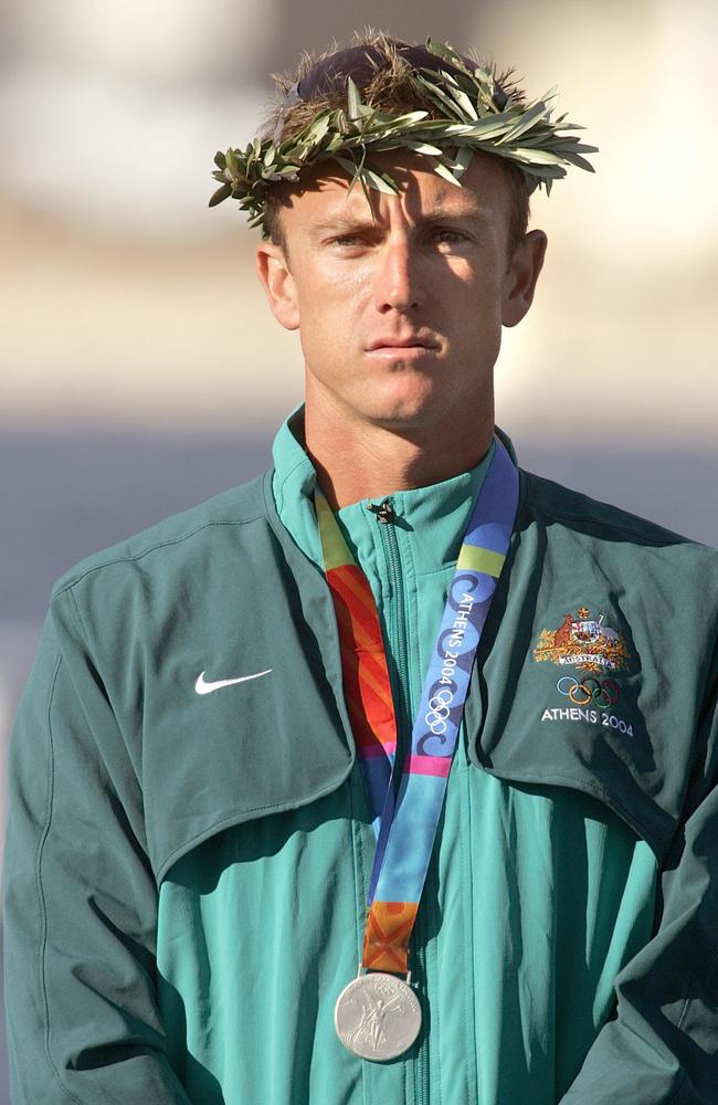 Nathan Baggaley poses with the silver medal he won in the Men's K1 500 metre final, flat water event at the 2004 Olympic Games.