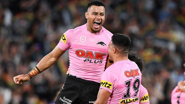 Penrith’s Stephen Crichton and Spencer Leniu celebrate their preliminary final victory. Picture: Bradley Kanaris / Getty Images