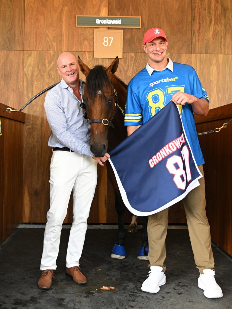 NFL Legend Rob Gronkowski (right) and managing owner Anthony Mithen (left) with Gronkowski at the Blue Diamond Stakes meeting in February. Picture: Vince Caligiuri / Getty Images