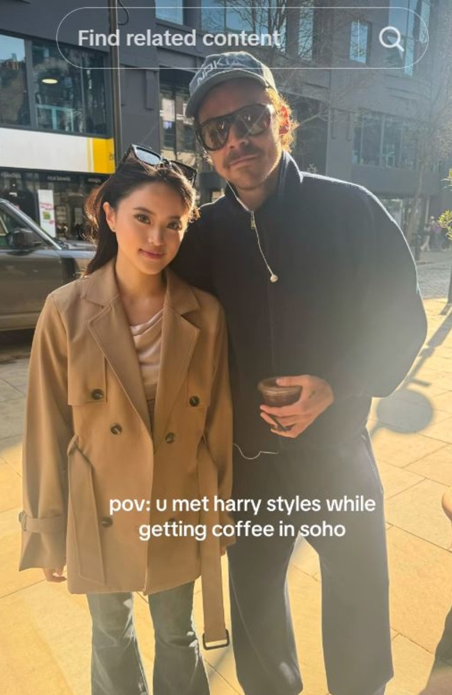 A TikToker was delighted to run into singer Harry Styles during a coffee run in London. Picture: TikTok