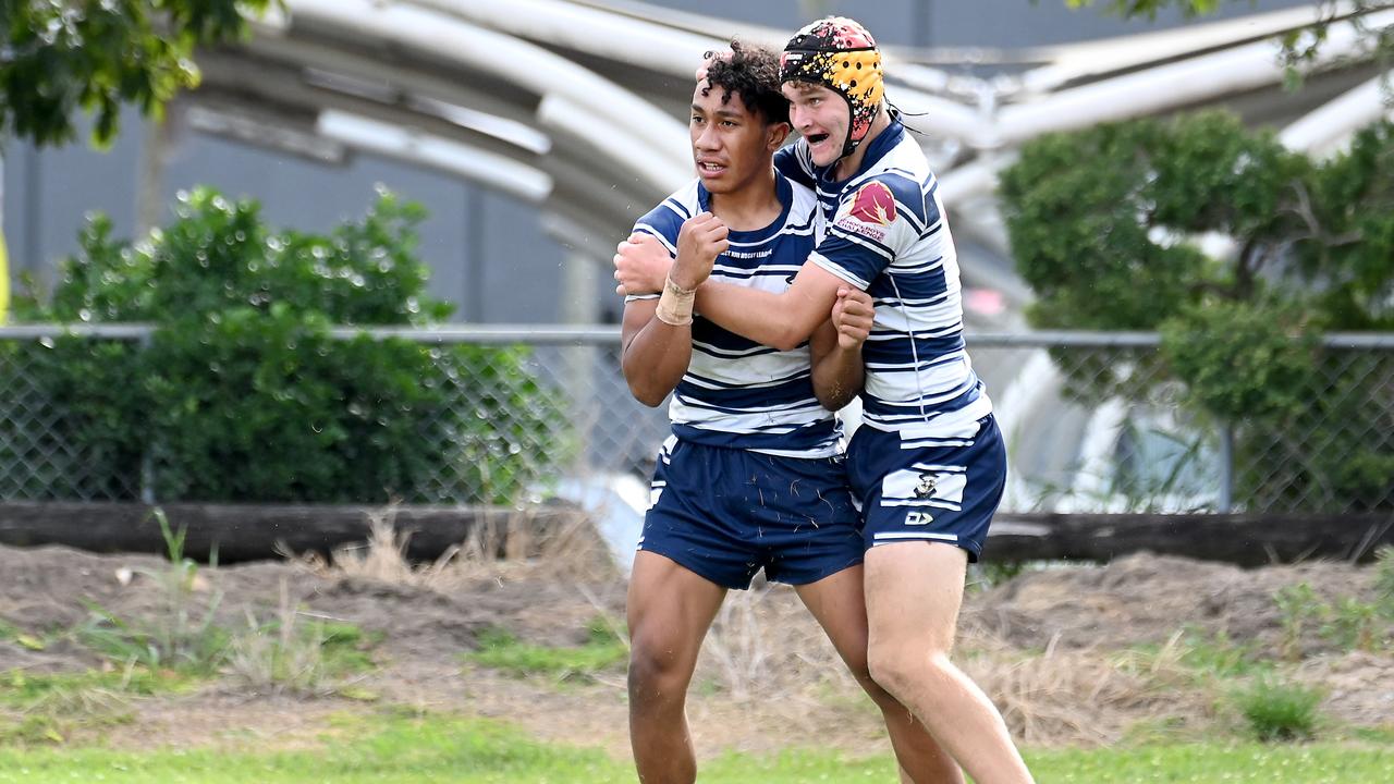 St Mary's College player Joe Litadamu after scoring, with Matt Schultz. Picture, John Gass