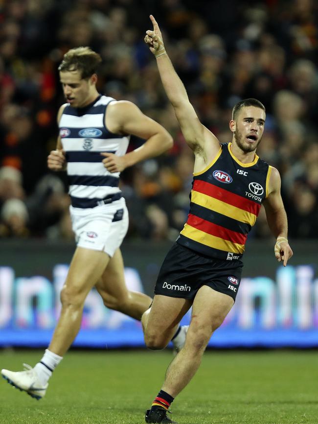 Lachlan Murphy celebrates a goal against the Cats. Picture Sarah Reed