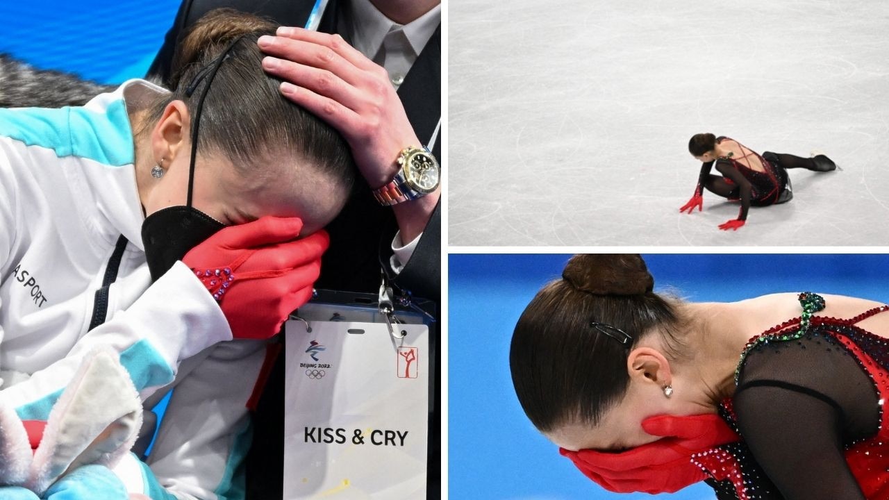 Figure skater Kamila Valieva of Team ROC falls during her performance in the women’s free skating at the Winter Olympics. Pictures: Getty