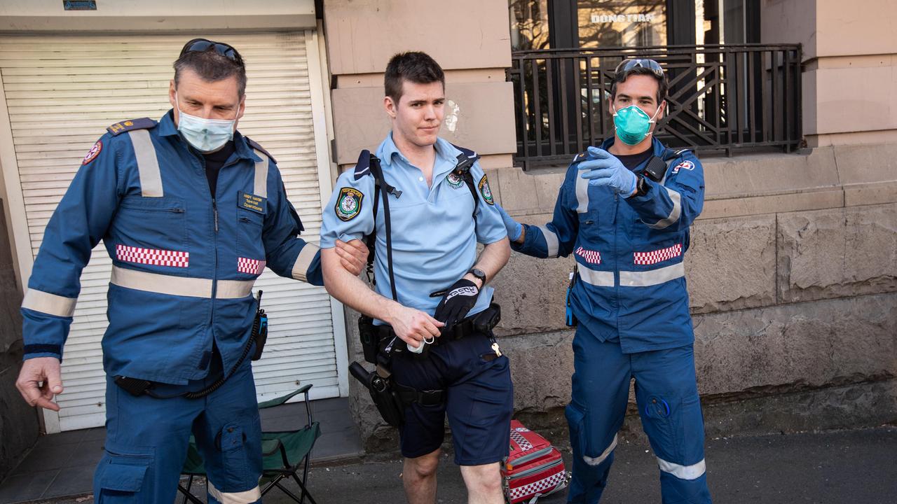 Policeman slightly injured on Broadway at the 'Freedom Demo' in Sydney. Picture: Julian Andrews