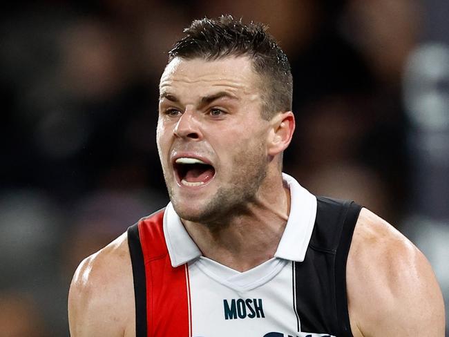 MELBOURNE, AUSTRALIA - AUGUST 6: Brad Crouch of the Saints in action during the 2023 AFL Round 21 match between the St Kilda Saints and the Carlton Blues at Marvel Stadium on August 6, 2023 in Melbourne, Australia. (Photo by Michael Willson/AFL Photos via Getty Images)