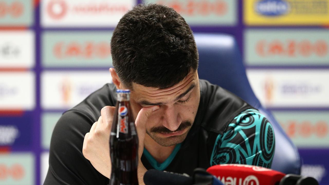 LEEDS, ENGLAND - NOVEMBER 11: Jesse Bromwich of New Zealand id interviewed following the Rugby League World Cup Semi-Final match between Australia and New Zealand at Elland Road on November 11, 2022 in Leeds, England. (Photo by Jan Kruger/Getty Images for RLWC)