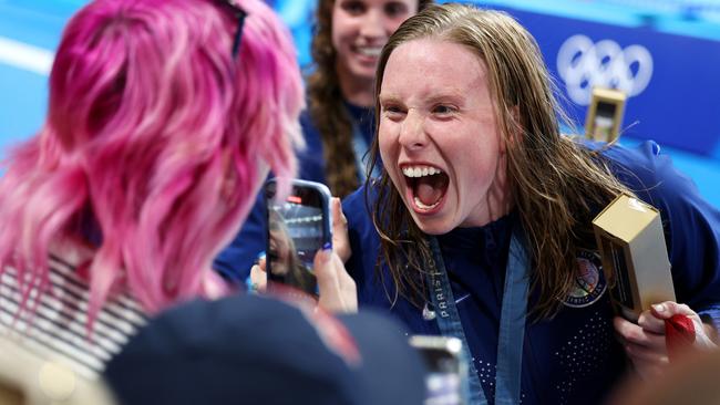 NANTERRE, FRANCE - AUGUST 04: Gold Medalist Lilly King of Team United States celebrates following the Swimming medal ceremony after the WomenÃ¢â¬â¢s 4x100m Medley Relay Final on day nine of the Olympic Games Paris 2024 at Paris La Defense Arena on August 04, 2024 in Nanterre, France. (Photo by Quinn Rooney/Getty Images) *** BESTPIX ***