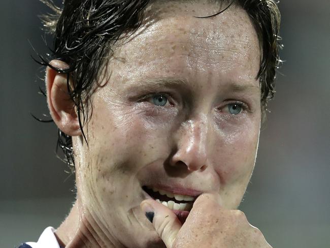 USA's Jillion Potter, reacts after loosing women's rugby sevens quarter final match against New Zealand at the Summer Olympics in Rio de Janeiro, Brazil, Sunday, Aug. 7, 2016. (AP Photo/Themba Hadebe)