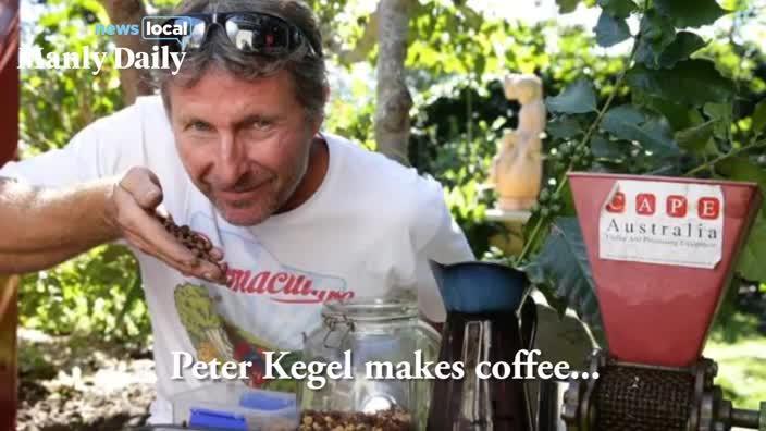 Man makes coffee  in garden from bean to brew 