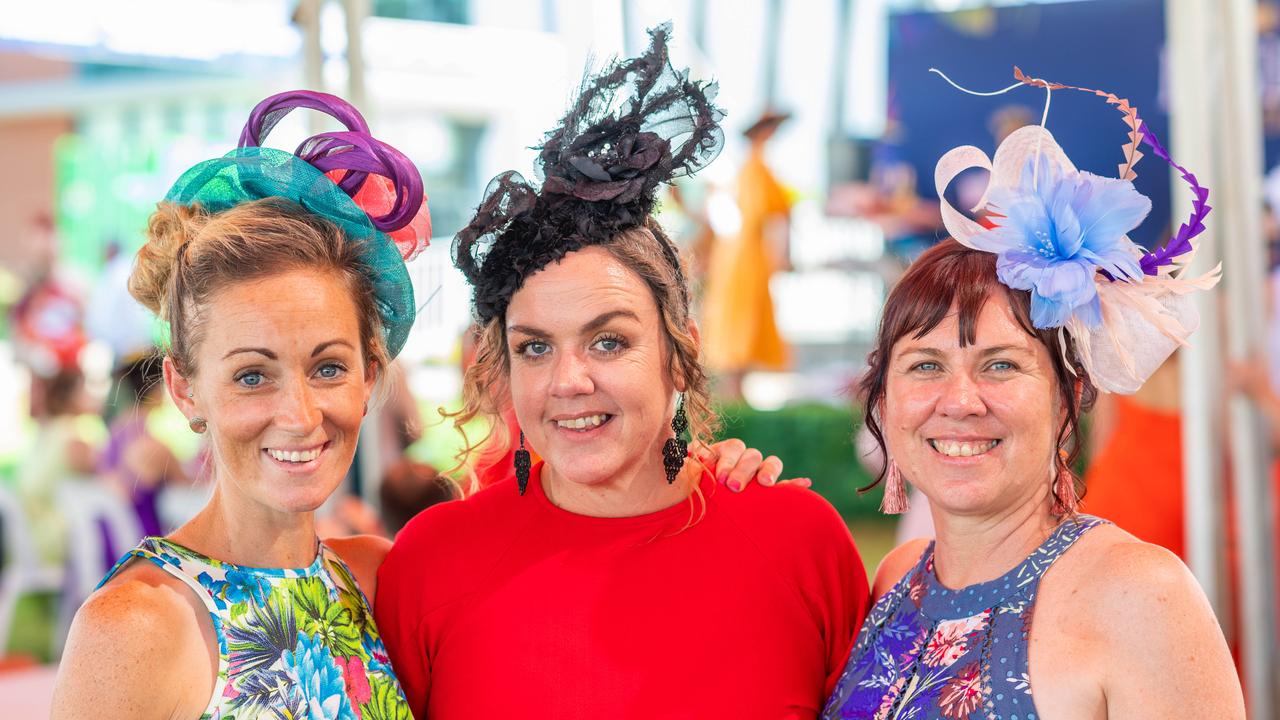 Mollie Oliver, Kelly Bourke and Tanya Roberts at the 2021 Darwin Cup Carnival Bridge Toyota Ladies’ Day. Picture: Che Chorley