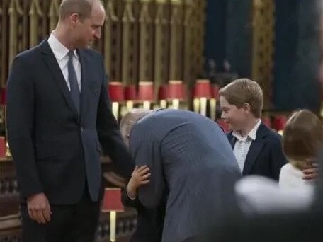 Prince Louis gets a hug from his grandfather, King Charles, during rehearsals for the coronation. Picture: Supplied