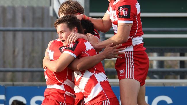 PBC SHS captain Zane Harrison celebrates a try last year. Picture: Liam Kidston