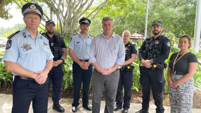 At the launch of Operation Uniform Theta in Cairns on December 19, L-R Acting Deputy Commissioner Mark Wheeler, Snr Const. Wayne Querruel, Snr Sgt OIC Far North Tactical Squad Anthony Law, Police Minister Mark Ryan, Snr Const. Emma Yates, Const. Joshua Blundell and Youth Co-responder team leader Lily Palmer. Picture: Alison Paterson